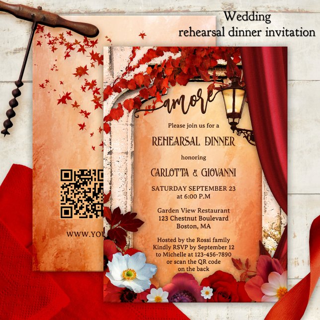 Convite Janto Romântico italiano de Ensaio de Queda Floral (Rehearsal dinner invitation showing a colorful design with fall leaves and red Italian flowers)
