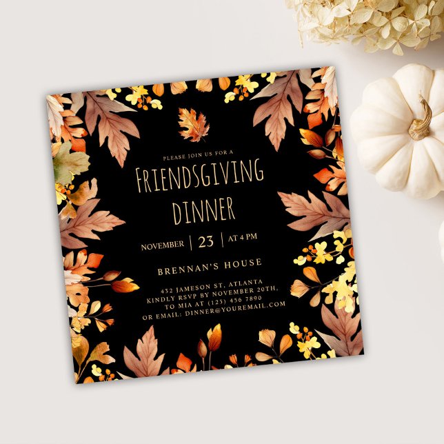 Convite Janto Russo de Ação de Graças de Queda (Black Elegant Friendsgiving Dinner Invitation)