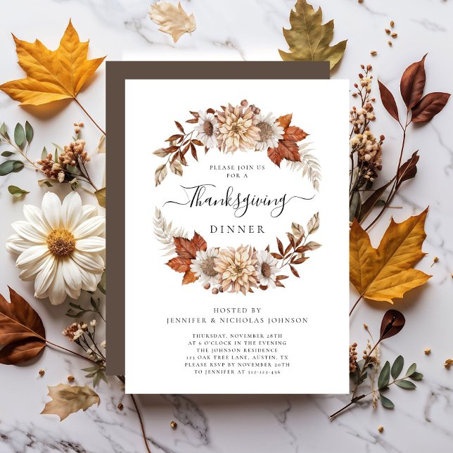 Convite Janto Rustic Brown Fall Floral Thankanding (Rustic Brown Fall Floral Thanksgiving Dinner Invitation)