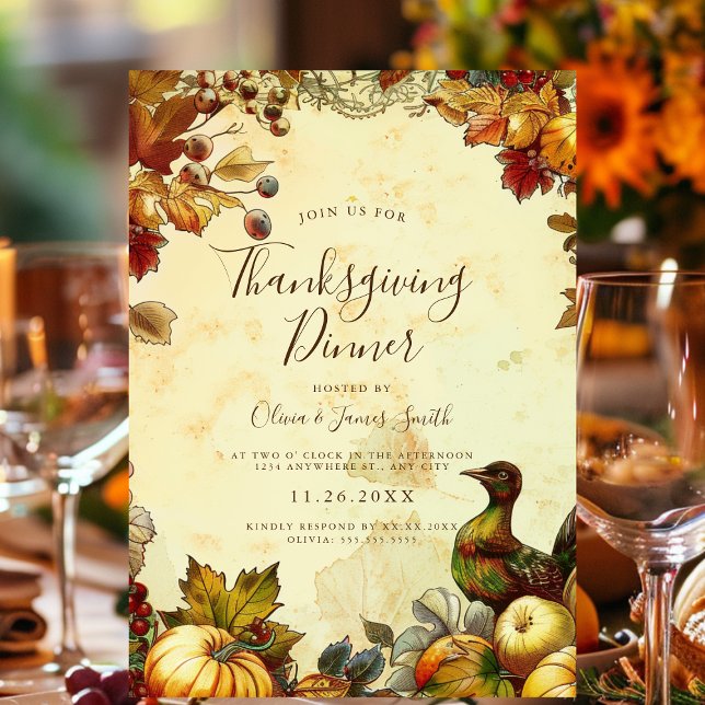Convite Janto Rustic de Ação de Graças (GPT
An autumn-themed Thanksgiving invite with elegant script, pumpkins, and fall leaves.)