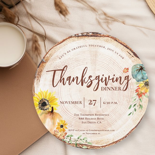 Convite Janto Rustic de Ação de Graças Pumpkin Wood Autumn (Custom Thanksgiving dinner watercolor pumpkin autumn leaves invitation.)