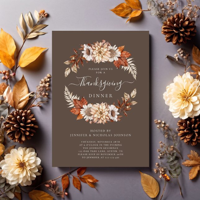 Convite Janto Rustic Fall Floral Thankmaking (Rustic Brown Fall Floral Thanksgiving Dinner Invitation)