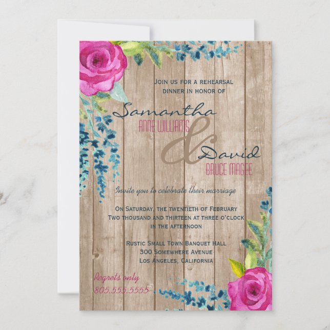 Convite Janto Rustic Floral Pintado para Ensaio de Madeira (Frente)