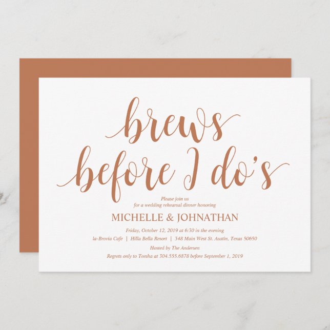 Convite Janto Rústico de Ensaio de Casamento, Cobre Modern (Frente/Verso)