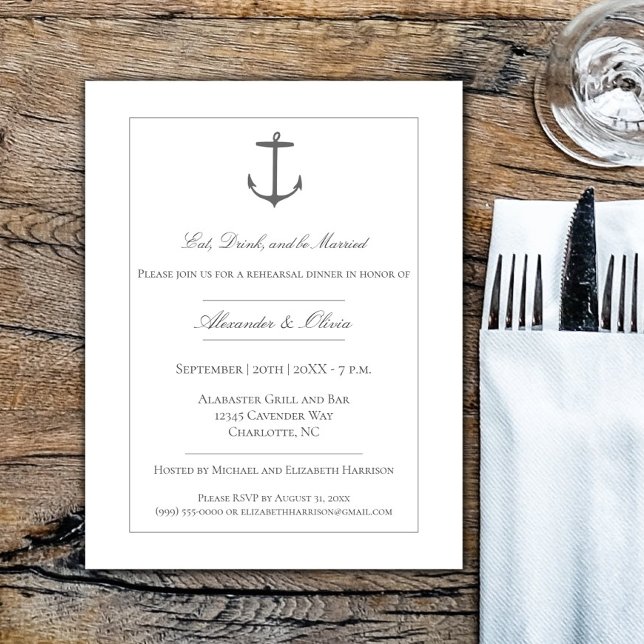 Convite Janto Simples de Ensaio de Âncora Náutica | Branco (White Simple Nautical Anchor Rehearsal Dinner Invitation)