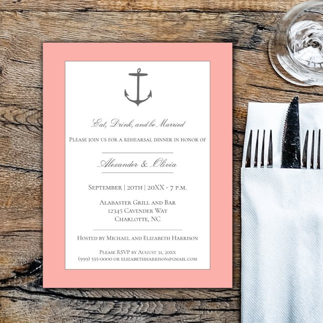 Convite Janto Simples de Ensaio de Âncora Náutica | Coral (Coral Simple Nautical Anchor Rehearsal Dinner Invitation)