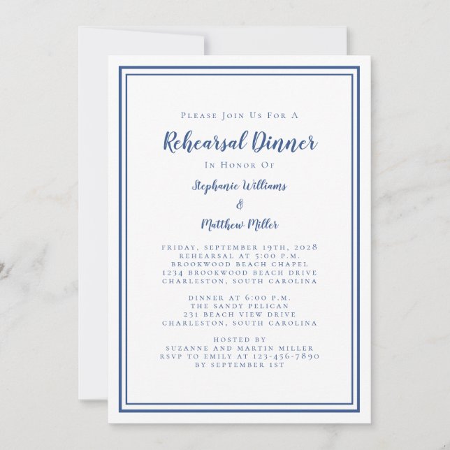 Convite Janto Simples de Ensaio de Casamento Azul e Branco (Frente)