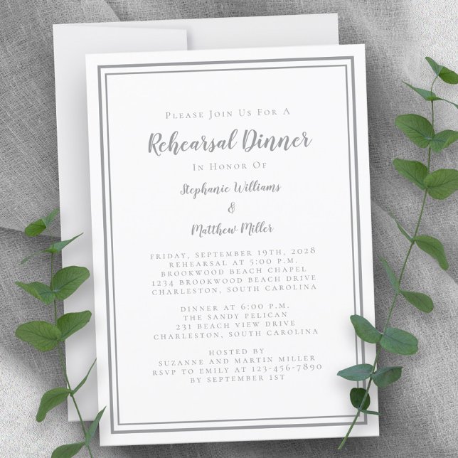 Convite Janto Simples de Ensaio de Casamentos Brancos de C (Simple Gray White Wedding Rehearsal Dinner Invitation)