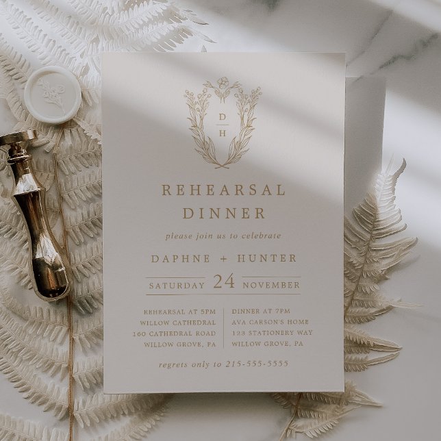 Convite Janto Simples de Ensaio Dourado de Creme da DAPHNE (DAPHNE Minimal Cream Gold Simple Rehearsal Dinner Invitation)