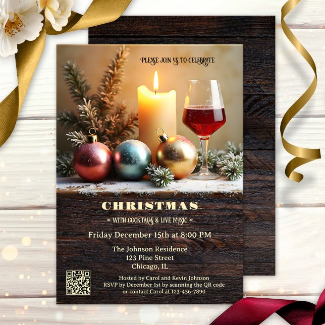 Convite Janto tradicional de Natal com Vinho e Vela (Traditional cozy Christmas dinner party invitation featuring festive baubles and wine with a candle)