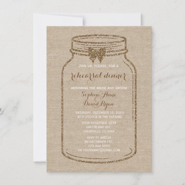 Convite Janto Wedding REHEARSAL | Mason Jar Linen Canvas (Frente)
