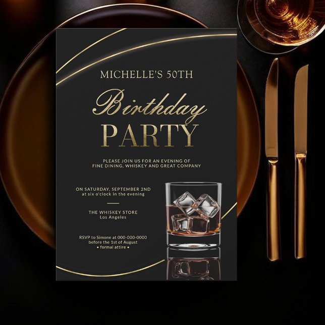 Convite Janto Whiskey Cocktails Calliografia 50º Aniversár (whiskey lover 50th birthday invitation women dinner party cocktail elegant black gold calligraphy)