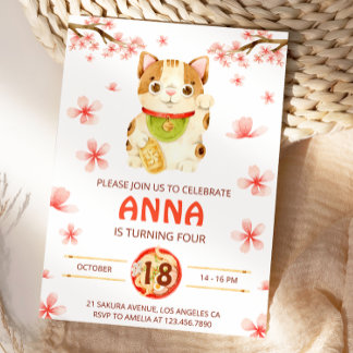 Convite Japan Lucky Cat Cherry Blossom