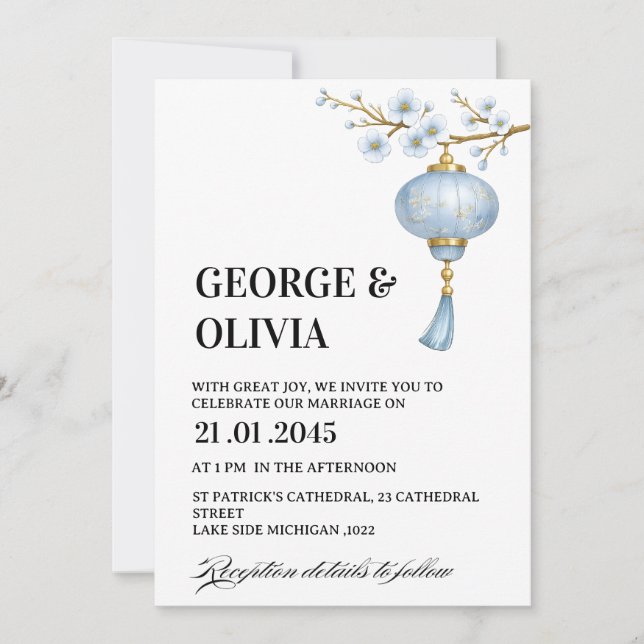 Convite Japanese Blue Lantern Wedding (Frente)