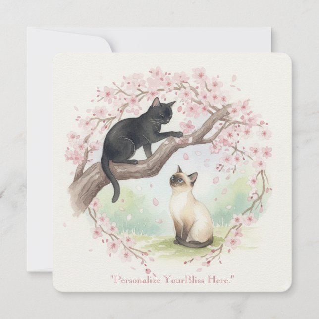 Convite Japanese Sakura & Zen Cats Watercolor  (Frente)