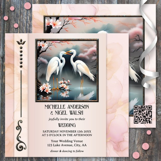 Convite Japonês Gruas Egret Casamento Romântico (Wedding invitation featuring a painting of two Japanese cranes or egrets on an elegant pink design)