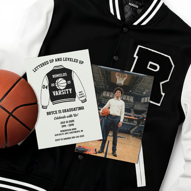 Convite Jaqueta Varsity de Basquete Festa de Formatura (Basketball Graduation Party Invitations)