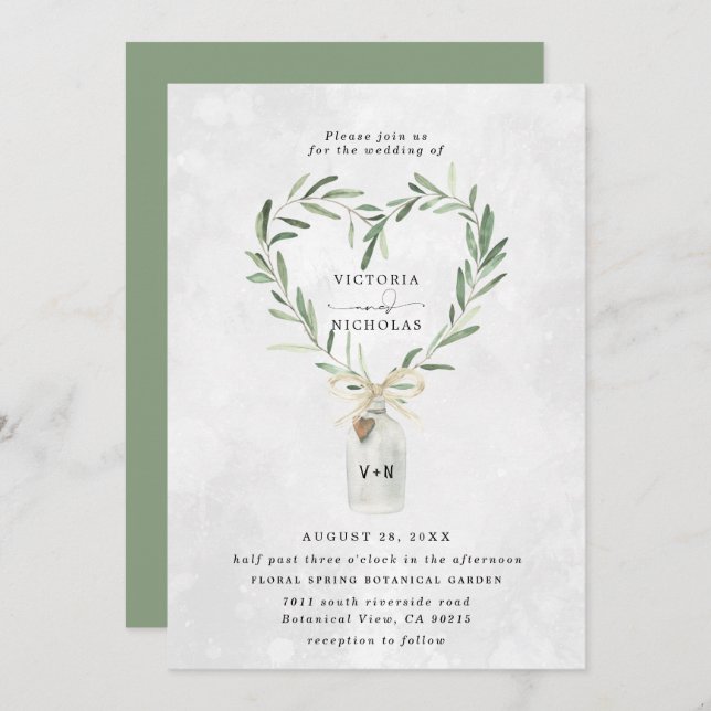 Convite Jar do Monograma Russo | Heart Greenery Wedding (Frente/Verso)