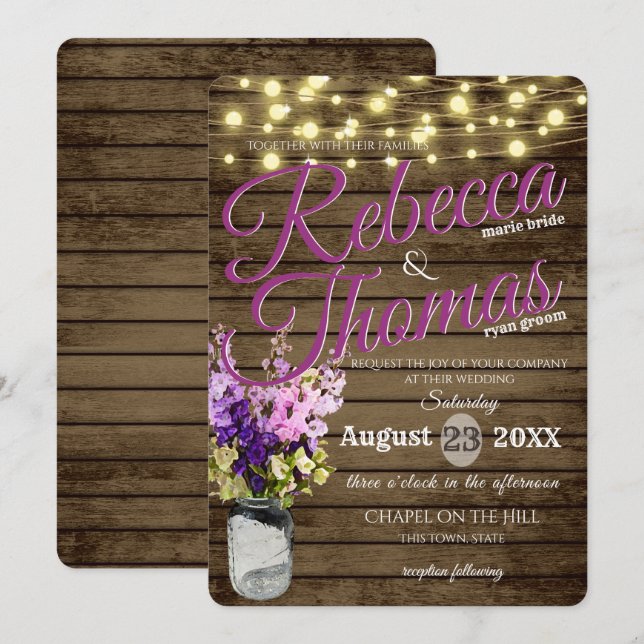 Convite Jar of Delfeniums and Lights Rustic Wedding (Frente/Verso)