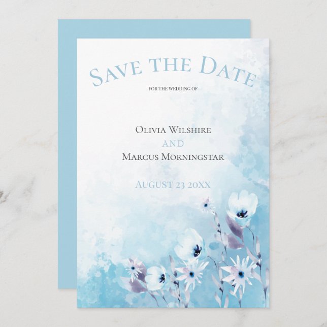 Convite Jardim Anêmono Azul Pálido Salvar a Data (Frente/Verso)