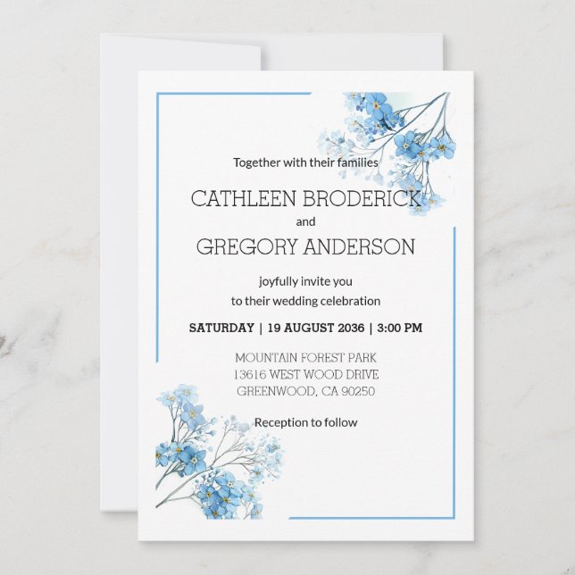Convite Jardim Blue Watercolor Forget-Me-Not Wed (Frente)
