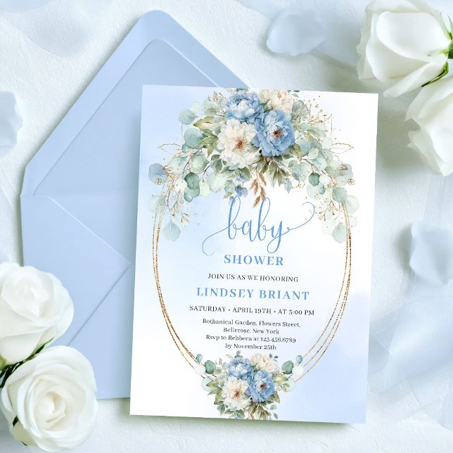 Convite Jardim Boho Flores Azul Poeirento Vegetação Chá de (Garden Boho Dusty Blue Flowers Greenery Baby Shower)
