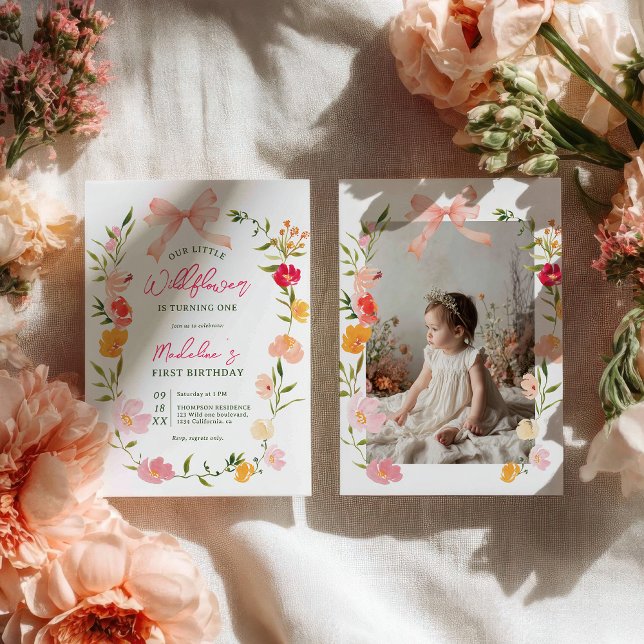 Convite Jardim boho moderno com flores silvestres foto de  (Modern boho garden wildflowers photo 1st birthday invitation)