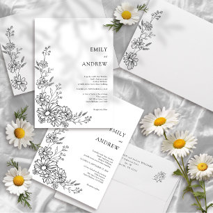 Convite Jardim Botânico de Margaridas Preto e Branco Casam