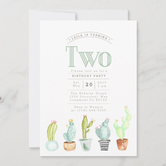 Convite Jardim Cactus | Watercolor First Birthday Invite (Frente)