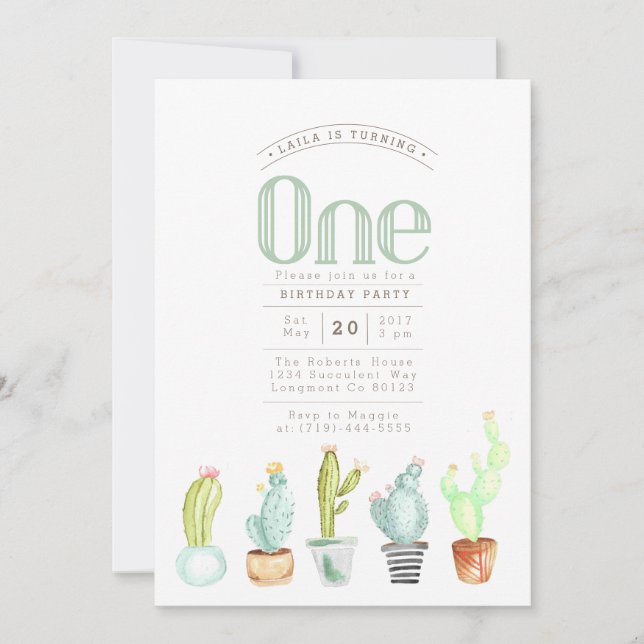 Convite Jardim Cactus | Watercolor First Birthday Invite (Frente)