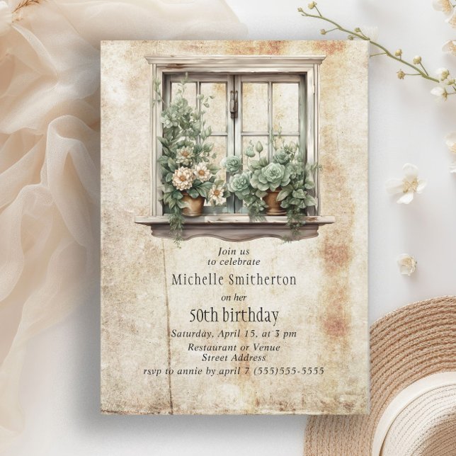 Convite Jardim da Janela 50ª Festa de aniversário (Rustic succulent window garden birthday party invitation)