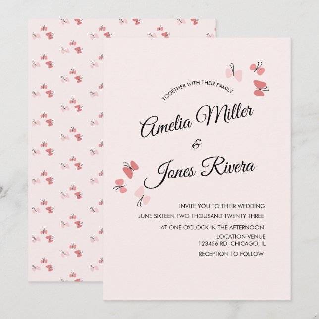 Convite Jardim de Borboletas Rosa Casamento Romântico  (Frente/Verso)
