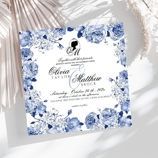 Convite Jardim de Casamento Boho Flores Rosa Azul Elegante (Criador carregado)