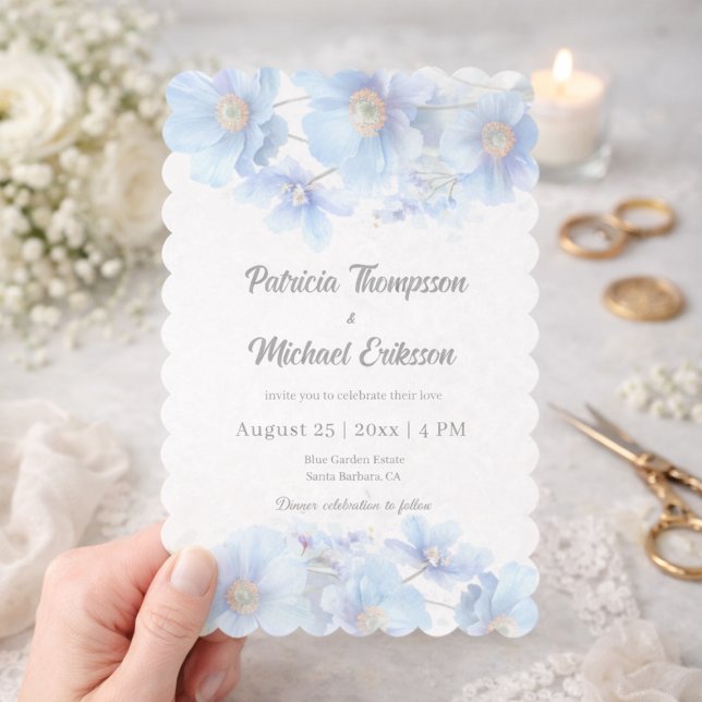 Convite Jardim de Casamento com Flor de Papoula Azul Suave (Criador carregado)