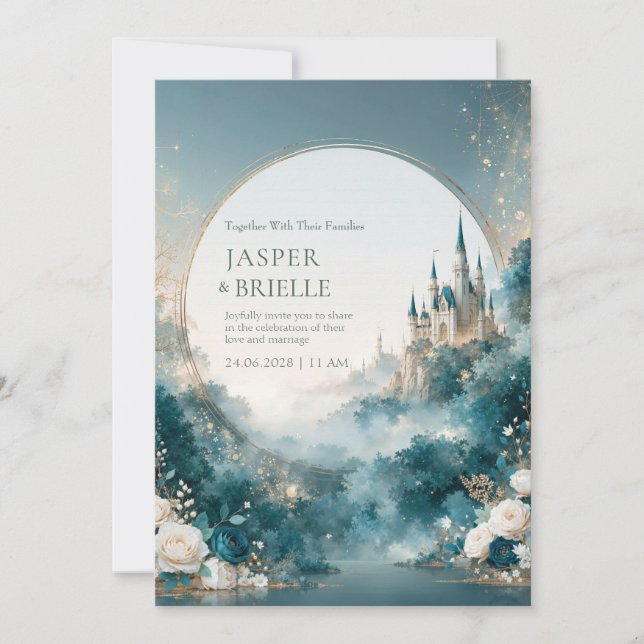 Convite Jardim de Casamento no Castelo Celestial com Névoa (Frente)