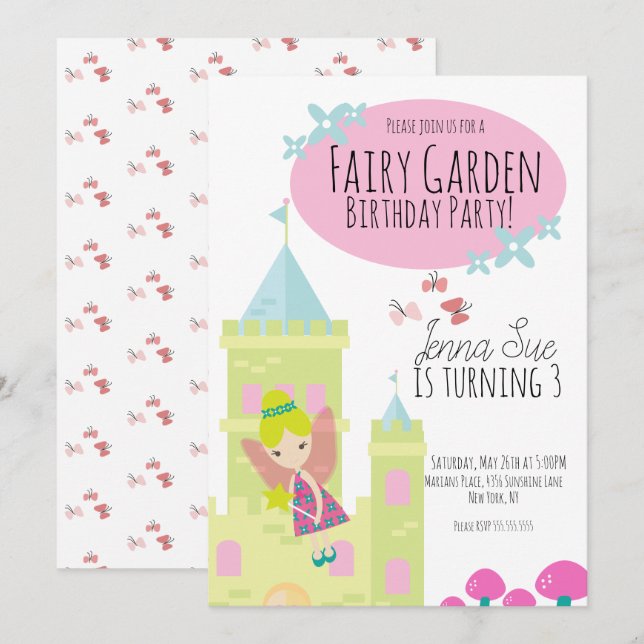 Convite Jardim de Fadas Aniversário de 1 ano Castelo Borbo (Frente/Verso)