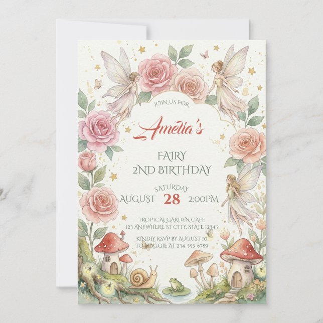 Convite Jardim de Fadas Caprichoso Flores Aquarela Anivers (Frente)