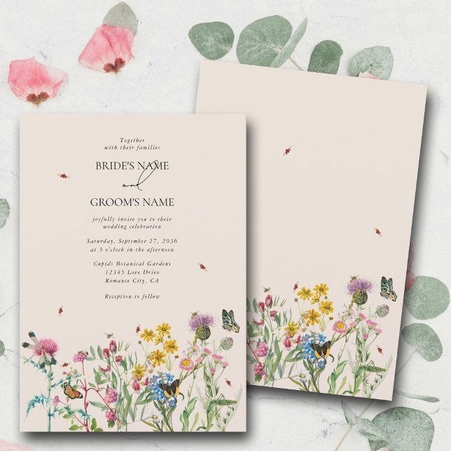 Convite Jardim de flor selvagem e casamentos de insetos (Watercolor Wildflower Garden & Insects Wedding Inv Invitation)