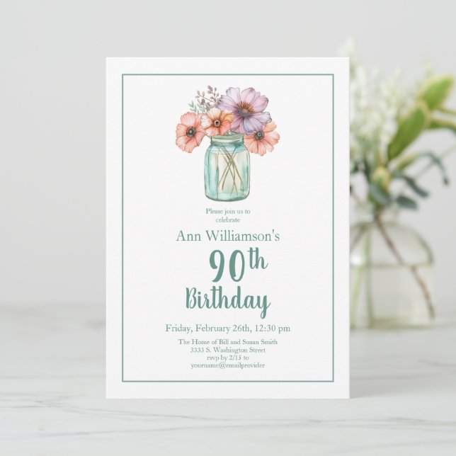 Convite Jardim de Flores Aquarela 90º Aniversário (Em pé/Frente)