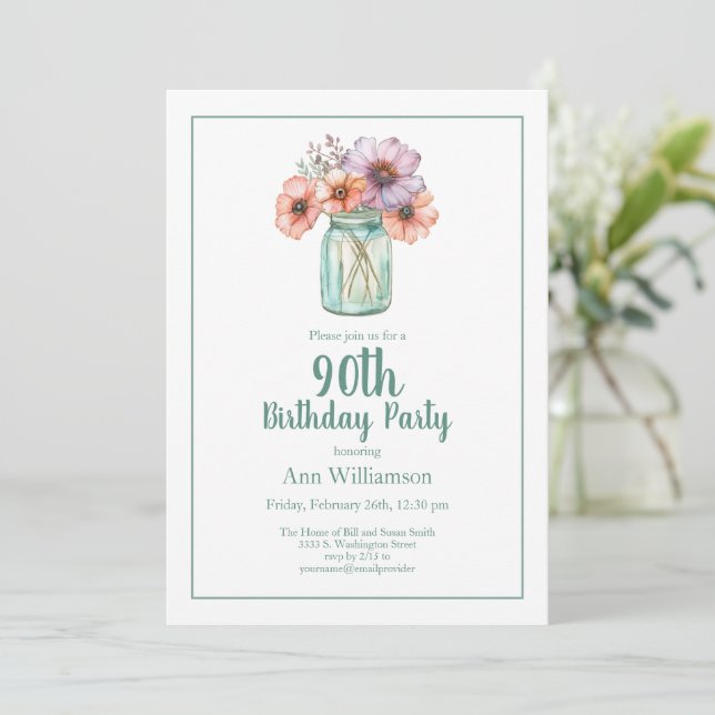 Convite Jardim de Flores em Aquarela Simples para 90º Aniv (Em pé/Frente)