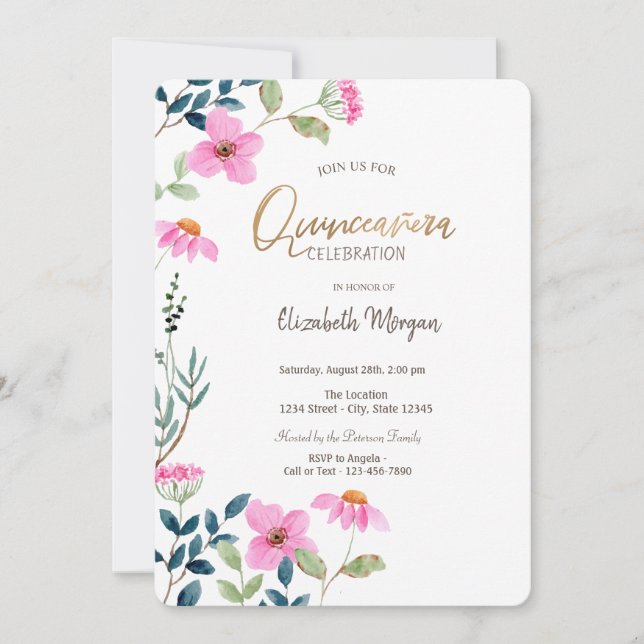 Convite Jardim de Flores Rosa Quinceañera  (Frente)