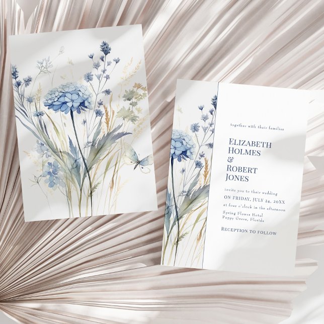 Convite Jardim de Flores Silvestres Azuis Aquarela Casamen (Boho Chic French Blue Wildflowers Wedding Invitation on a sunny dry palm leaf.)