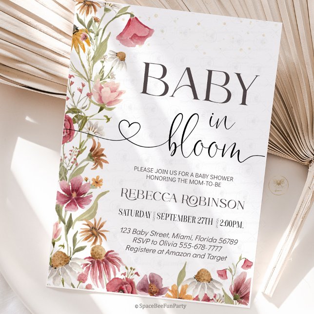 Convite Jardim de flores silvestres Baby in Bloom Chá de b (baby in bloom, baby shower invitation, wildflower baby shower, floral baby shower, garden baby showe)