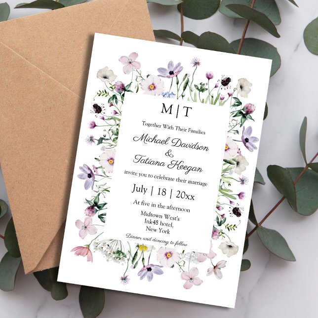 Convite jardim de flores silvestres caprichosas monograma  (Criador carregado)