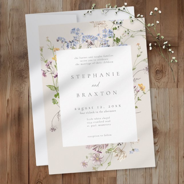 Convite Jardim de Flores Silvestres Cremoso Casamento Eleg (Cream Wildflower Garden Elegant Wedding Invitation)