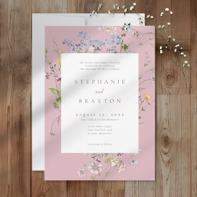 Convite Jardim de Flores Silvestres Rosa Casamento Elegant (Pink Wildflower Garden Elegant Wedding Invitation)