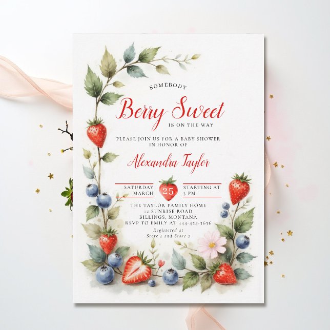 Convite Jardim de Frutas Doces e Deliciosas Festa de Bebê  (berry sweet baby shower invitation fruit theme strawberry berry watercolor spring summer garden)