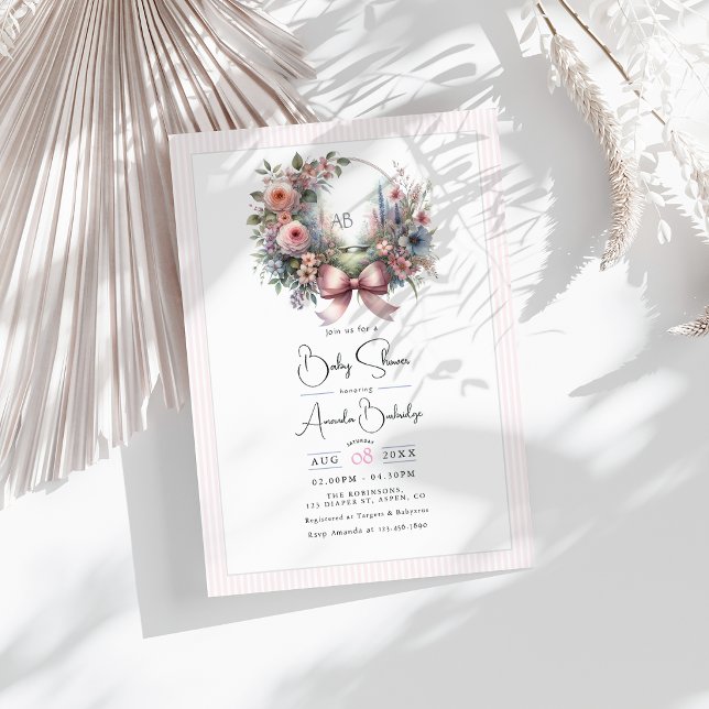 Convite Jardim de Pastéis Floresce: Chá de Bebê Floral Bow (Pastel Garden Blooms Bow Floral Baby Shower Invitation)