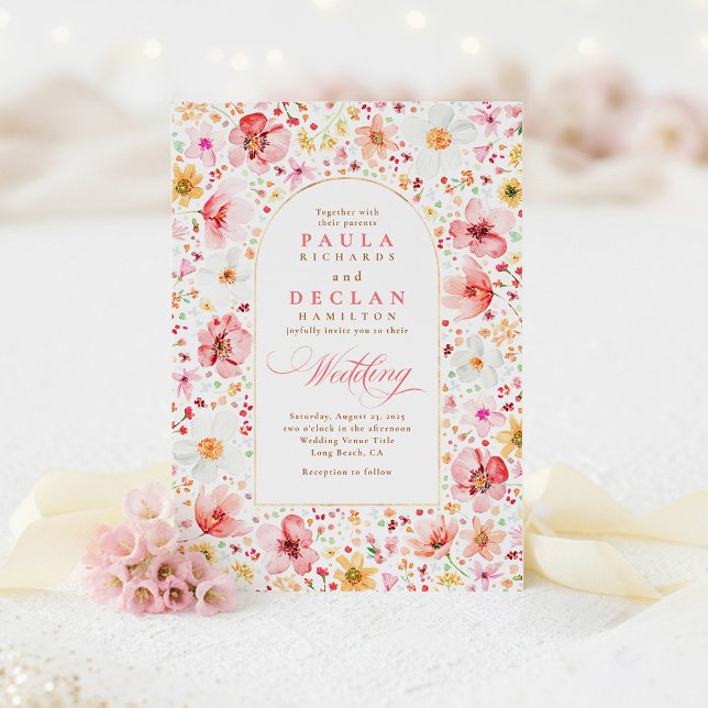 Convite Jardim de Prado de Flores Silvestres Floral Rosa C (Pink Blush Pastel Watercolor Flowers Wedding Invitations)