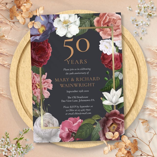 Convite Jardim de Rosas do 50º Aniversário de Casamento (50th Golden Wedding Anniversary Rose Garden Invitation)